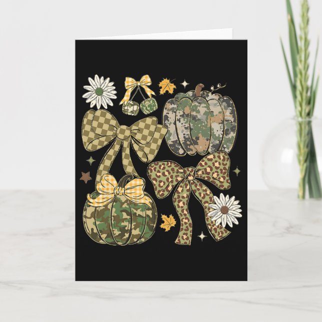 Leopard Camo Coquette Bow Pumpkin Thanksgiving Rus Card (Front)