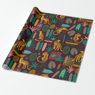 Leopard Cats Tropical Purple Jungle Pattern Wrapping Paper