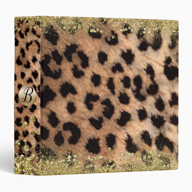 Leopard Cheetah Animal Print Gold Glitter Monogram Binder (Front/Spine)