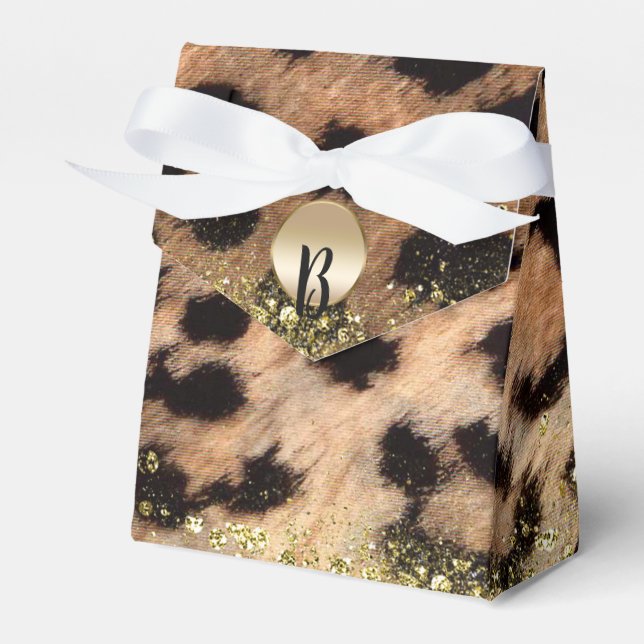Leopard Cheetah Animal Print Gold Glitter Monogram Favor Box (Front Side)