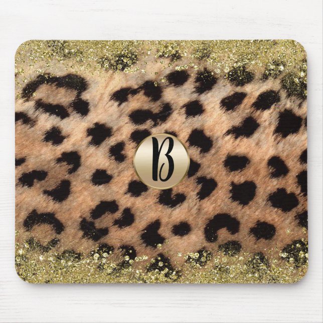Leopard Cheetah Animal Print Gold Glitter Monogram Mouse Pad (Front)