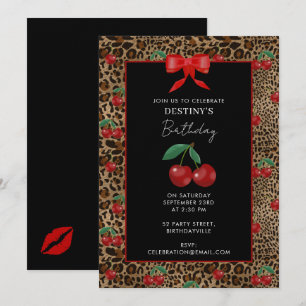 Leopard Cheetah Animal Print Red Cherry Birthday Invitation