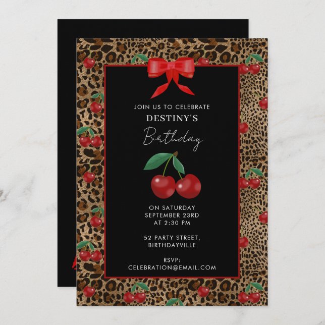 Leopard Cheetah Animal Print Red Cherry Birthday Invitation (Front/Back)