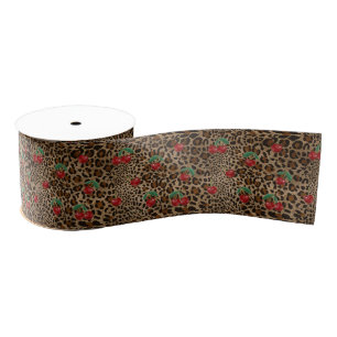 Leopard Cheetah Animal Print Red Cherry Pattern Grosgrain Ribbon