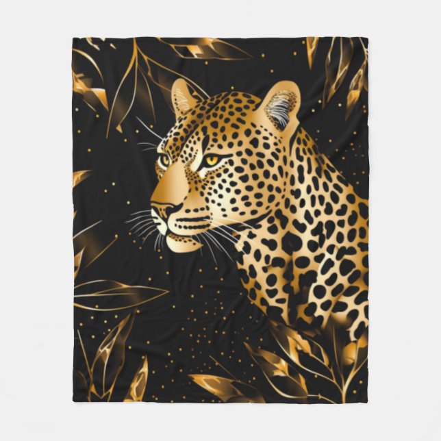 Leopard Cheetah Black Gold Jungle Safari Leaves Fleece Blanket (Front)