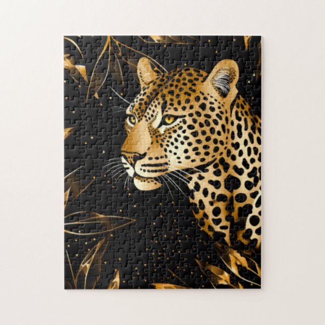 Leopard Cheetah Black Gold Jungle Safari Leaves Jigsaw Puzzle (Vertical)