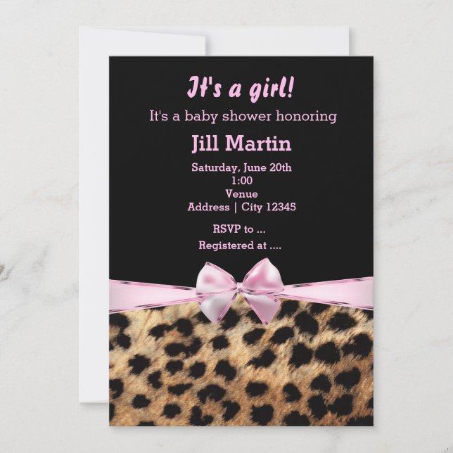 Leopard Cheetah Black Pink Bow Girls Invitation (Front)