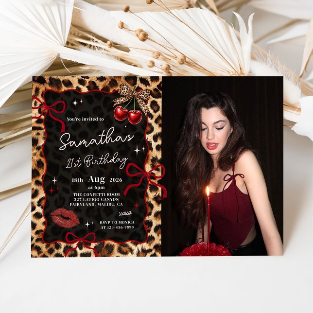 Leopard Cheetah Cherries Birthday Photo Invitation (Creator Uploaded)