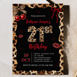 Leopard Cheetah Cherry 21st Birthday Invitation