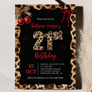 Leopard Cheetah Cherry 21st Birthday Invitation
