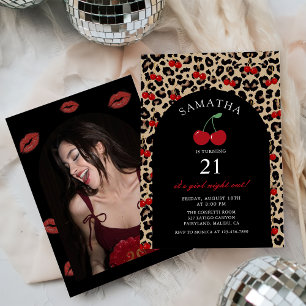 Leopard Cheetah Cherry Birthday Photo Invitation