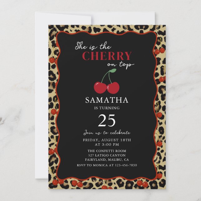 Leopard Cheetah Cherry On Top Birthday Invitation (Front)