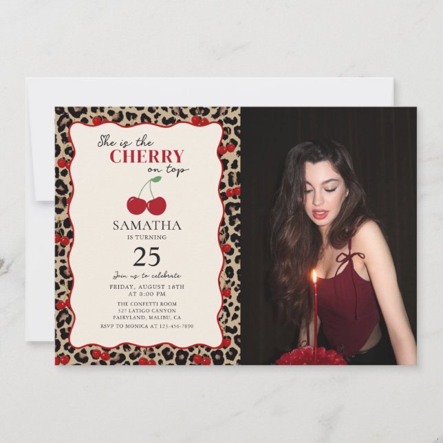 Leopard Cheetah Cherry On Top Birthday Photo Invitation (Front)