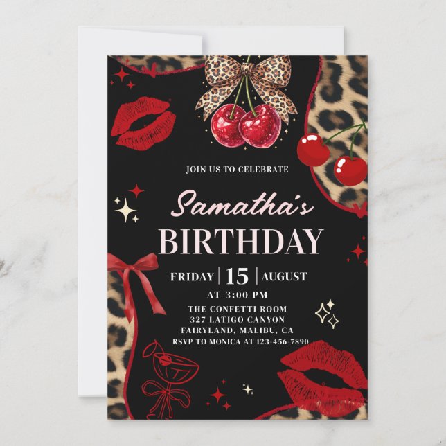 Leopard Cheetah Coquette Cherry Birthday Invitation (Front)