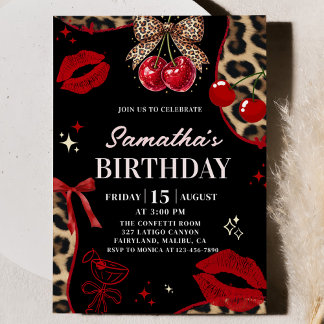 Leopard Cheetah Coquette Cherry Birthday Invitation