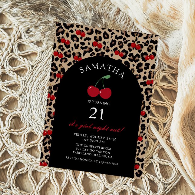 Leopard Cheetah Coquette Cherry Birthday Invitation (Creator Uploaded)