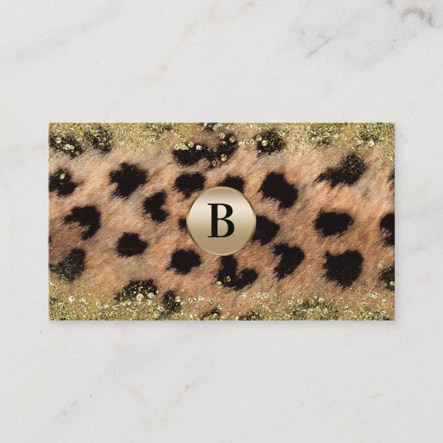 Leopard Cheetah Gold Glitter Monogram Personalized Business Card (Front)
