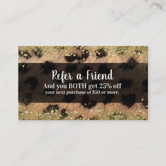 Leopard Cheetah Gold Glitter Refer a Friend Referral Card (Front)