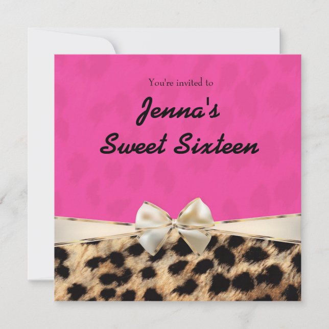 Leopard Cheetah Pink Bow Birthday Party Invitation (Front)