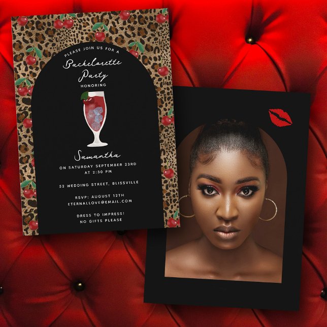Leopard Cheetah Print Cherry Bachelorette Photo Invitation (Leopard Cheetah Print Cherry Bachelorette Photo Invitation)