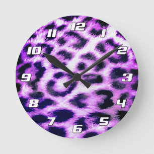 Leopard Cheetah Print Faux Fur pink with Numbers Round Clock