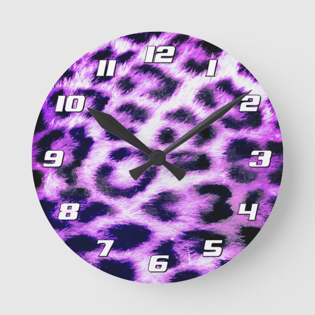 Leopard Cheetah Print Faux Fur pink with Numbers Round Clock (Front)