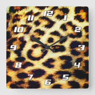 Leopard Cheetah Print Faux Fur with Numbers Square Wall Clock