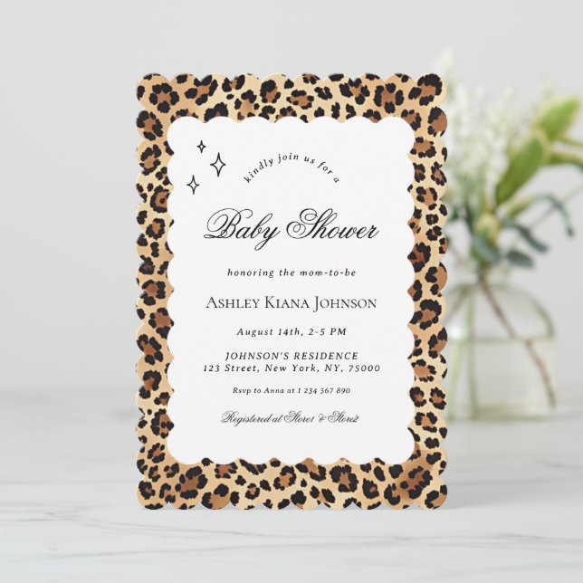 Leopard Cheetah Print Wavy Frame Baby Shower Invitation (Standing Front)