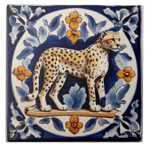 Leopard Cheetah Wild Animal Jungle Cat Dark Blue Tile