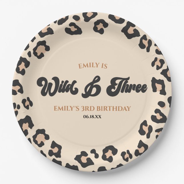 Leopard Cheetah Wild & Three 3rd Birthday Party Paper Plate (Front)