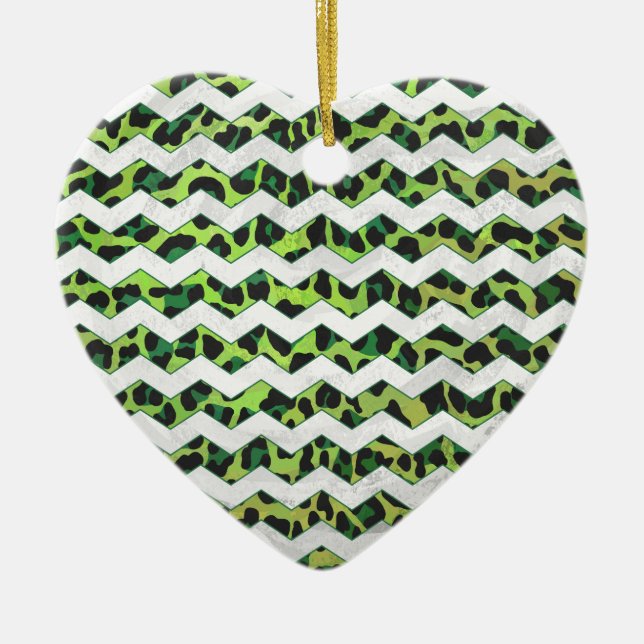 Leopard Chevron Black and Green Print Ceramic Ornament (Front)