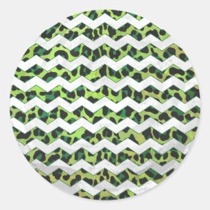 Leopard Chevron Black and Green Print Classic Round Sticker