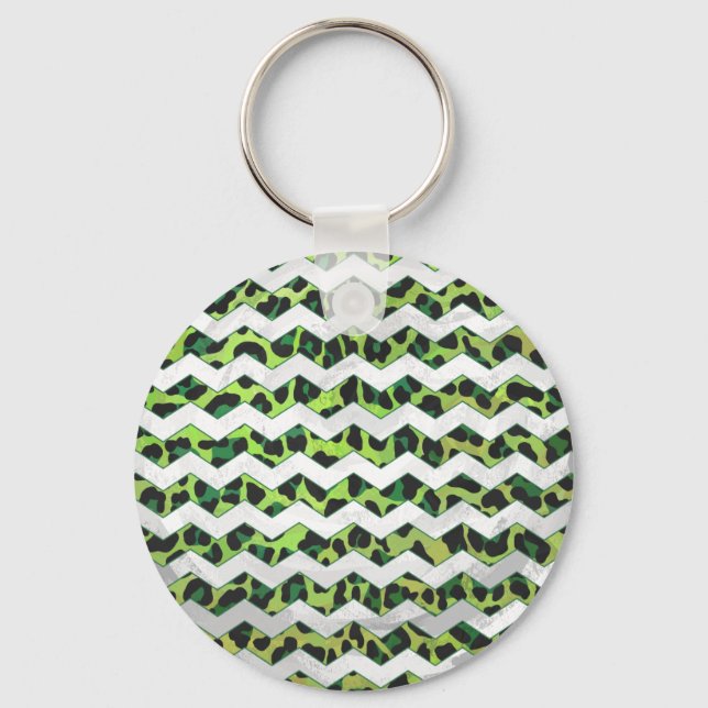 Leopard Chevron Black and Green Print Keychain (Front)