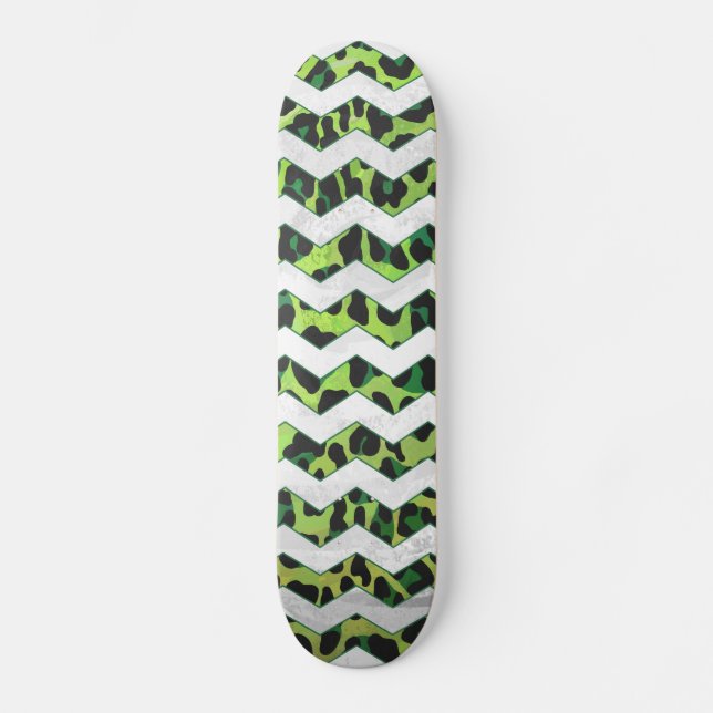 Leopard Chevron Black and Green Print Skateboard (Front)