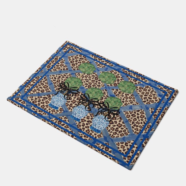 Leopard  Chinoiserie Ginger Jar Doormat Rug  (Angled)