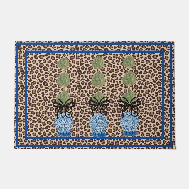 Leopard  Chinoiserie Ginger Jar Doormat Rug  (Front)