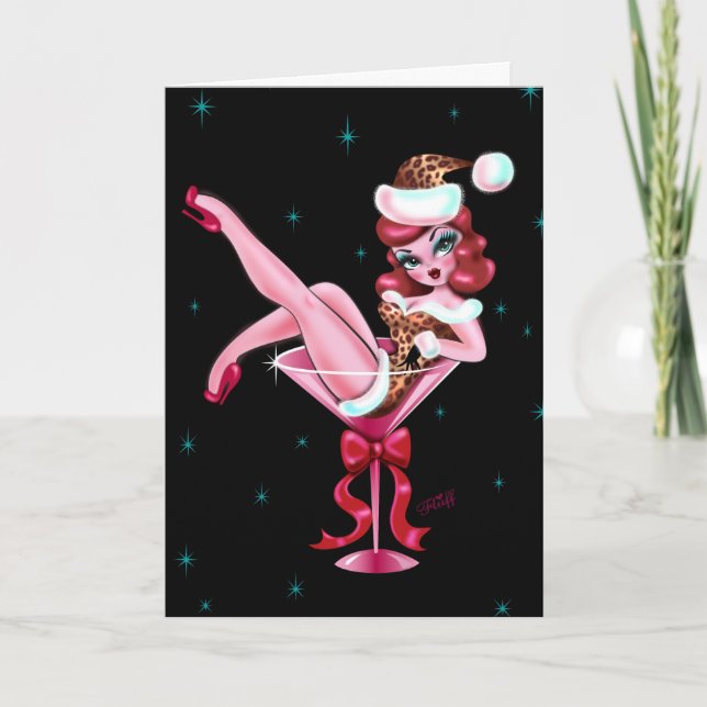 Leopard Christmas Martini Girl Holiday Card (Front)
