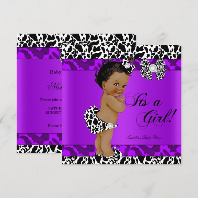 Leopard Cow Purple Girl Baby Shower Ethnic Invitation (Front/Back)