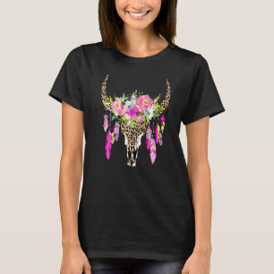 Leopard Cow Skull With Flowers Tribal T-Shirt