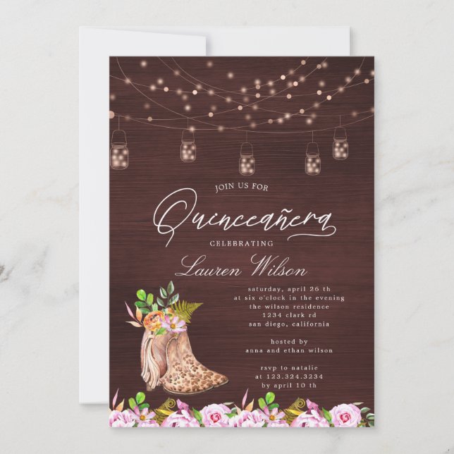 leopard cowboy boots string lights Quinceanera Inv Invitation (Front)