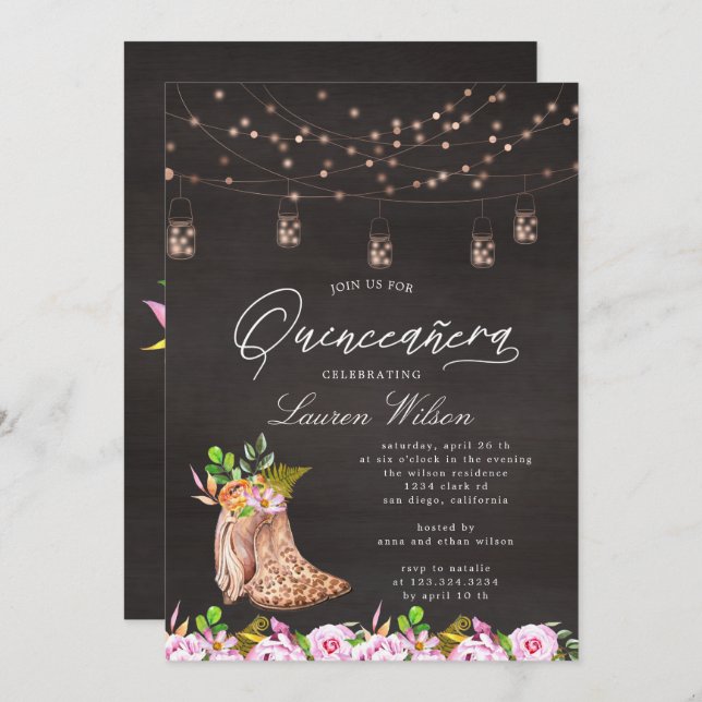 leopard cowboy boots string lights Quinceanera Invitation (Front/Back)