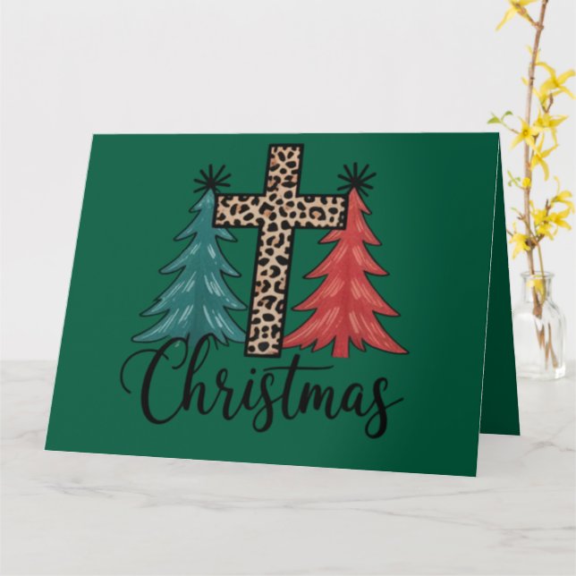 Leopard Cross Christmas Trees Christian  Card (Yellow Flower)