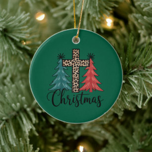 Leopard Cross Christmas Trees Christian  Ceramic Ornament