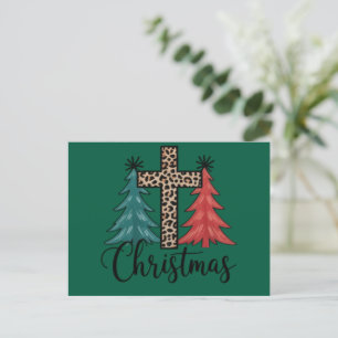 Leopard Cross Christmas Trees Christian Holiday Postcard