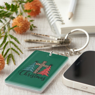 Leopard Cross Christmas Trees Christian  Keychain