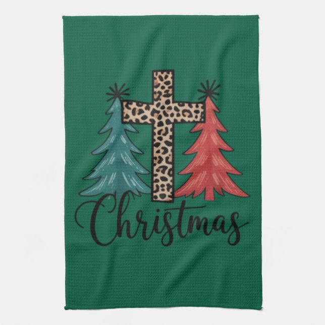 Leopard Cross Christmas Trees Christian  Kitchen Towel (Vertical)