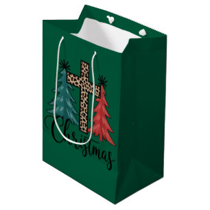Leopard Cross Christmas Trees Christian  Medium Gift Bag