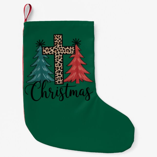 Leopard Cross Christmas Trees Christian  Small Christmas Stocking (Front)