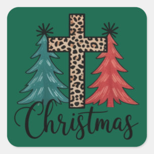 Leopard Cross Christmas Trees Christian  Square Sticker
