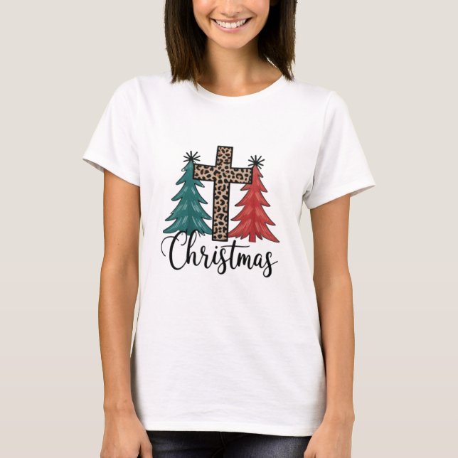 Leopard Cross Christmas Trees Christian  T-Shirt (Front)
